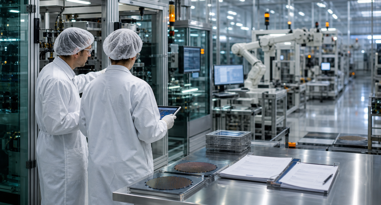 Engineers on a semiconductor factory floor