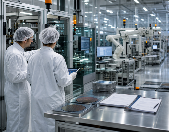 Engineers on a semiconductor factory floor